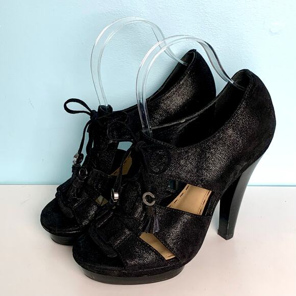 Coach Teagan Black Shimmer Lace Up Heels Size 7 - Picture 2 of 10